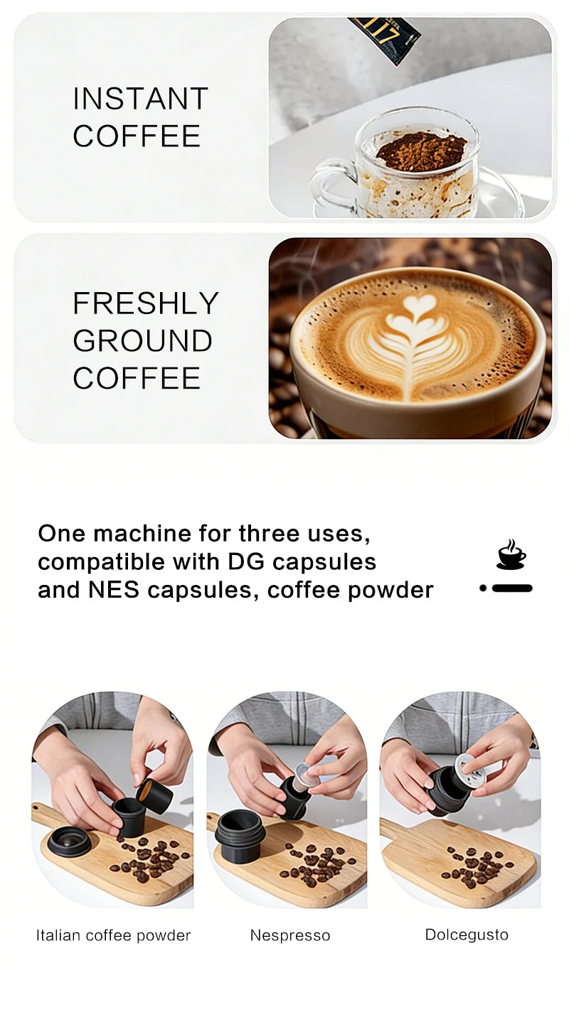 Home Multifunctional 3-in-1 Portable Capsule Coffee Machine 20Bar – Outdoor Camping Espresso Maker, Compact Travel Drip Coffee Machine