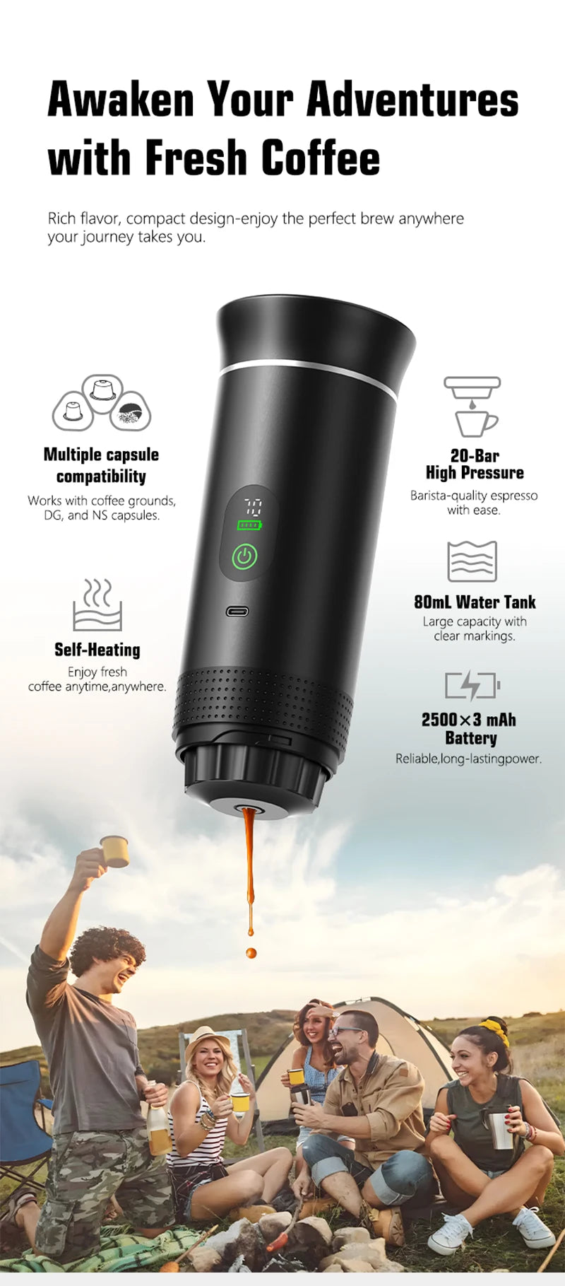 DENOKIN Portable Espresso Coffee Machine With Digital Display 3-in-1 Capsule Coffee Maker for Car & Home Camping Coffee Maker