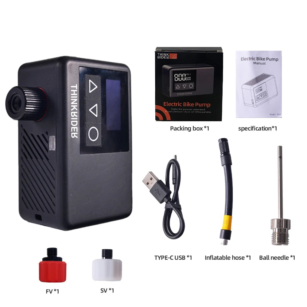 ThinkRider 120 PSI Portable Pocket Bike Electric Air Pump MINI  Tire Inflator For Bicycle Digital Gauge Display